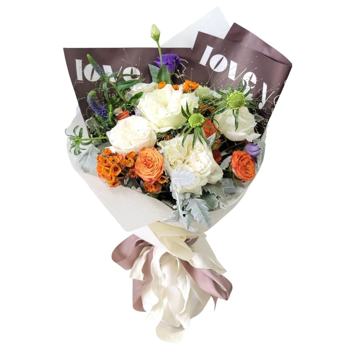 格蘭花店 - 鮮花花束 (荔枝玫瑰老鼠尾、蟲蟲草、桔梗、小玫瑰、銀葉菊) [GF00134]