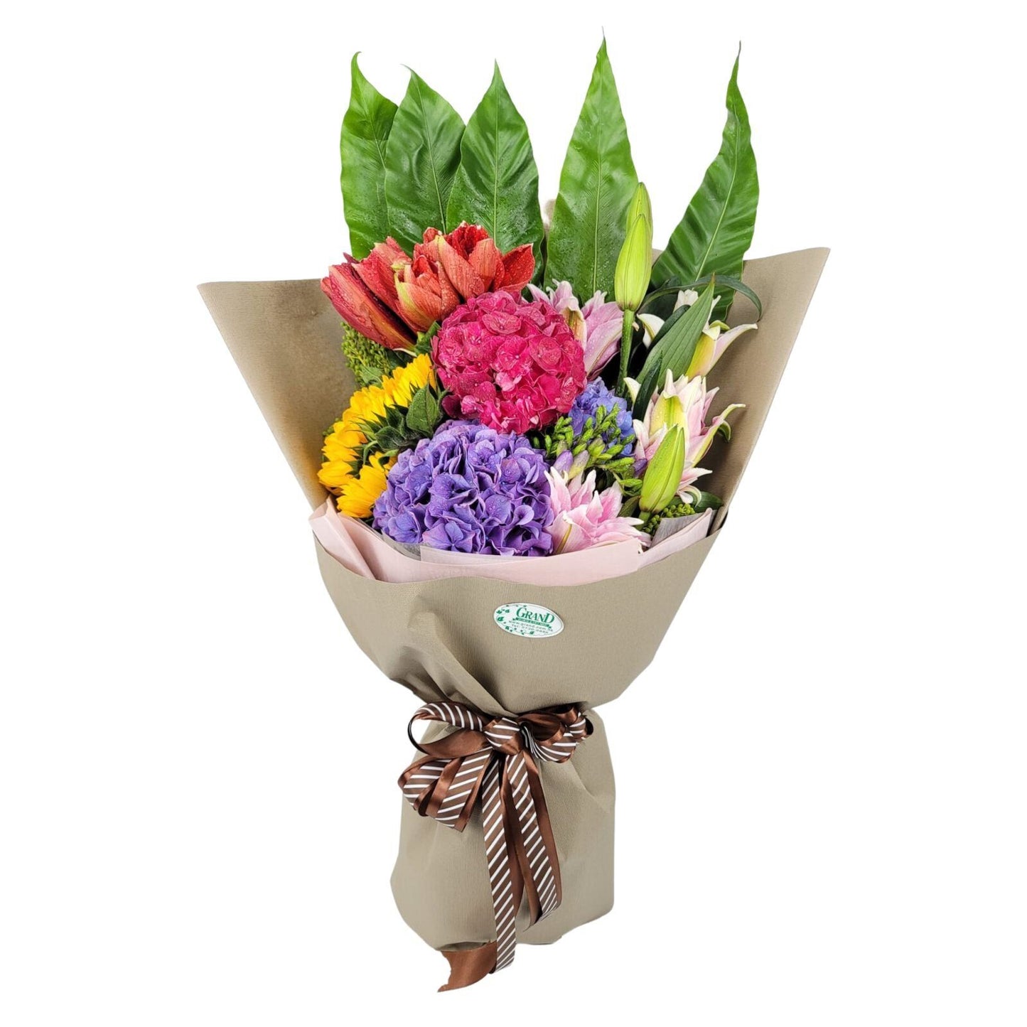 格蘭花店 - 鮮花花束 (朱頂蘭、繡球、向日葵、粉百合、香雪蘭、雀巢芒及襯花) [GF00138]