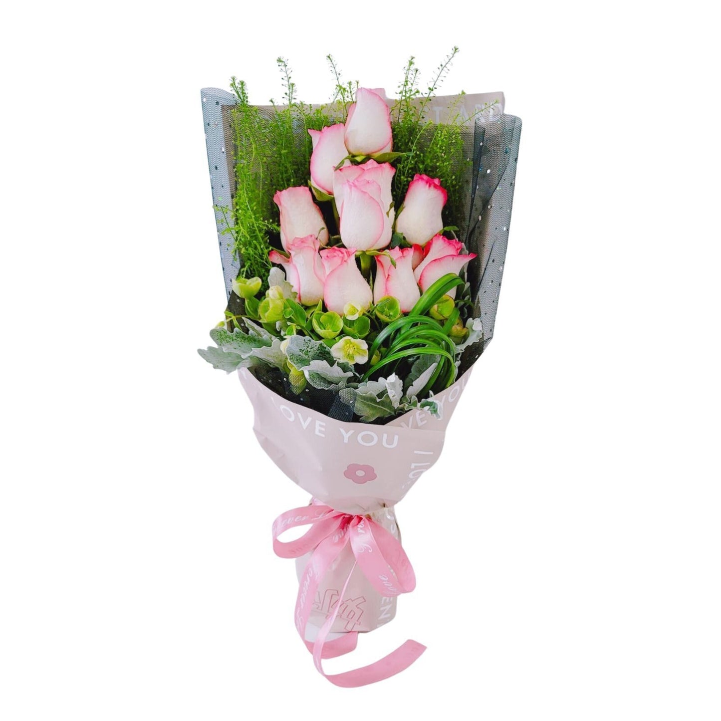 格蘭花店 - 鮮花花束 (粉紅色玫瑰、BB草 、銀葉菊、鐵筷子) [GF00146]