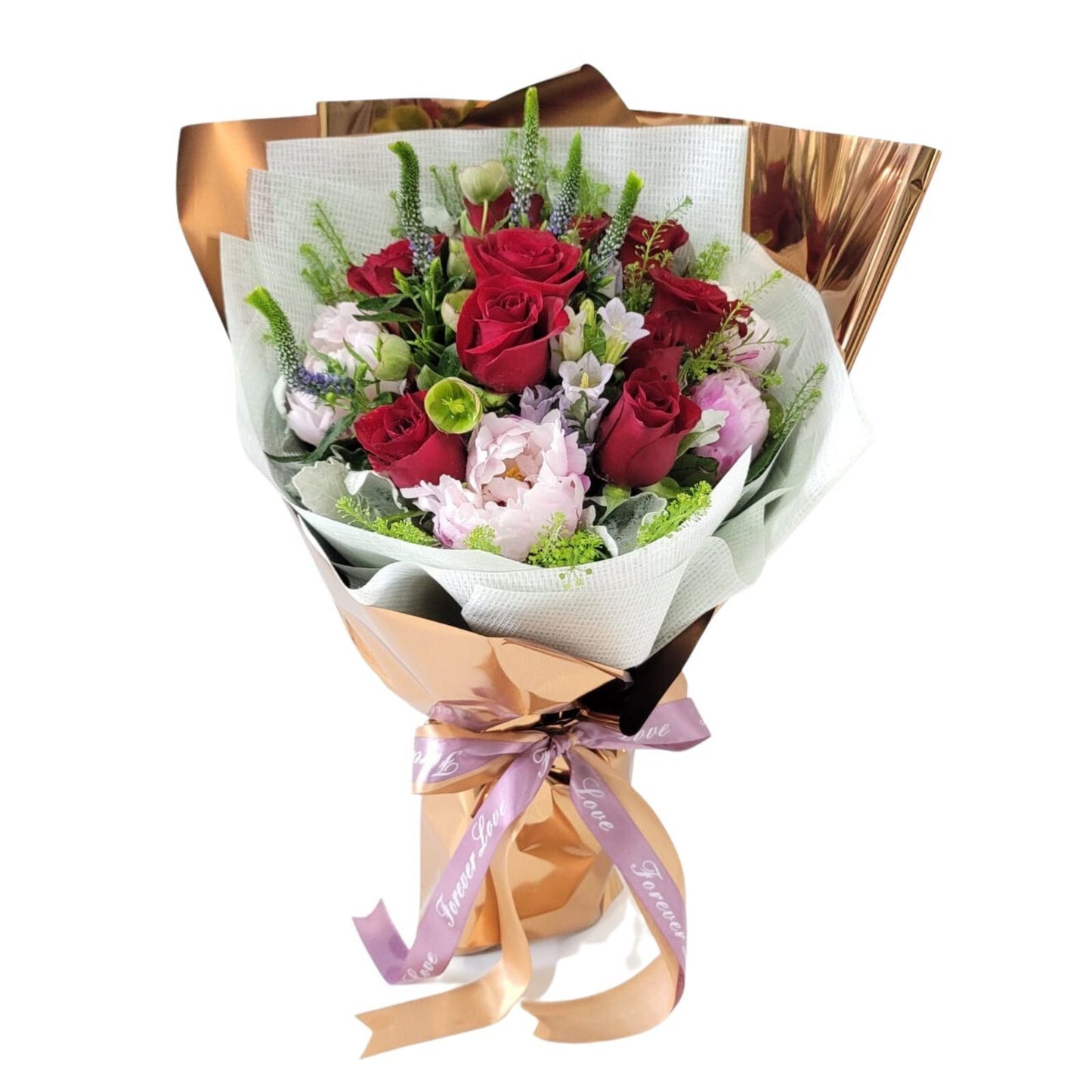 格蘭花店 - 鮮花花束 (紅玫瑰、牡丹、老鼠尾、風鈴花、BB草、銀葉菊) [GF00147]