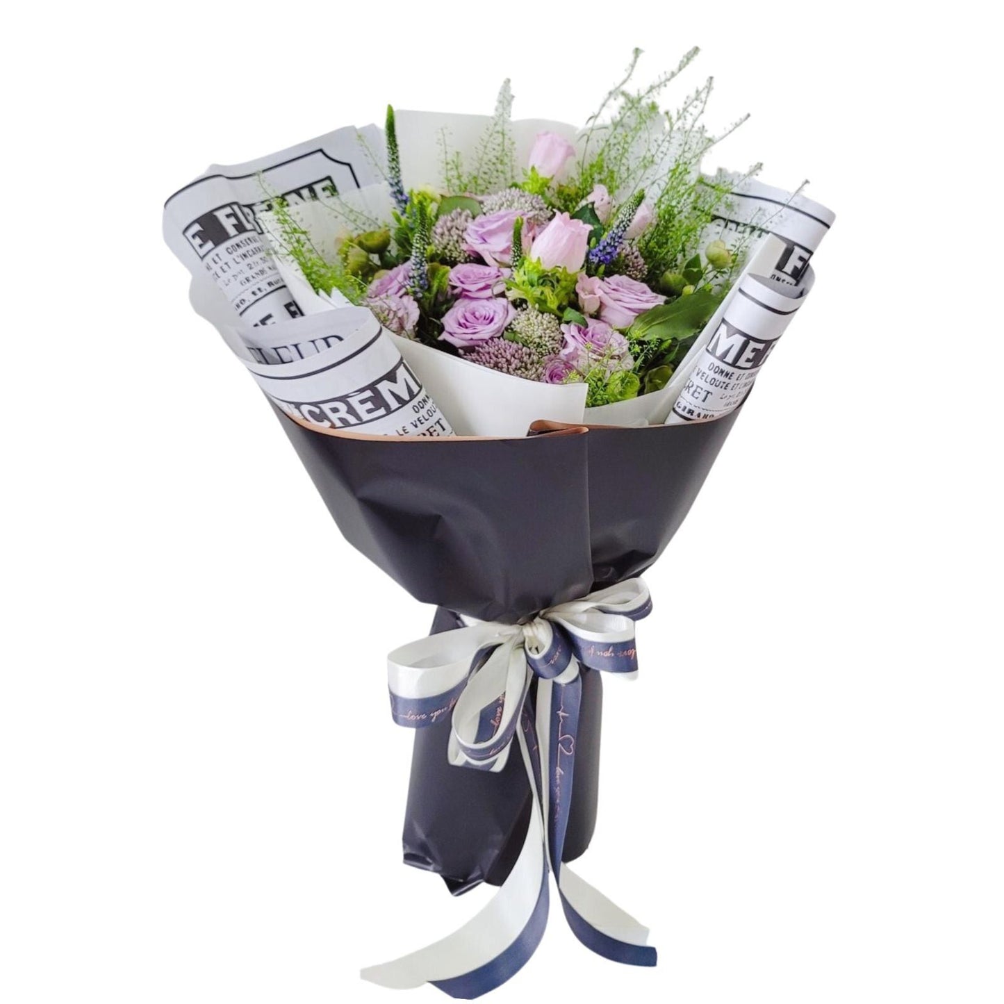 格蘭花店 - 鮮花花束 (紫玫瑰、冲花、BB草、老鼠尾、風鈴花、銀葉菊及襯花) [GF00148]