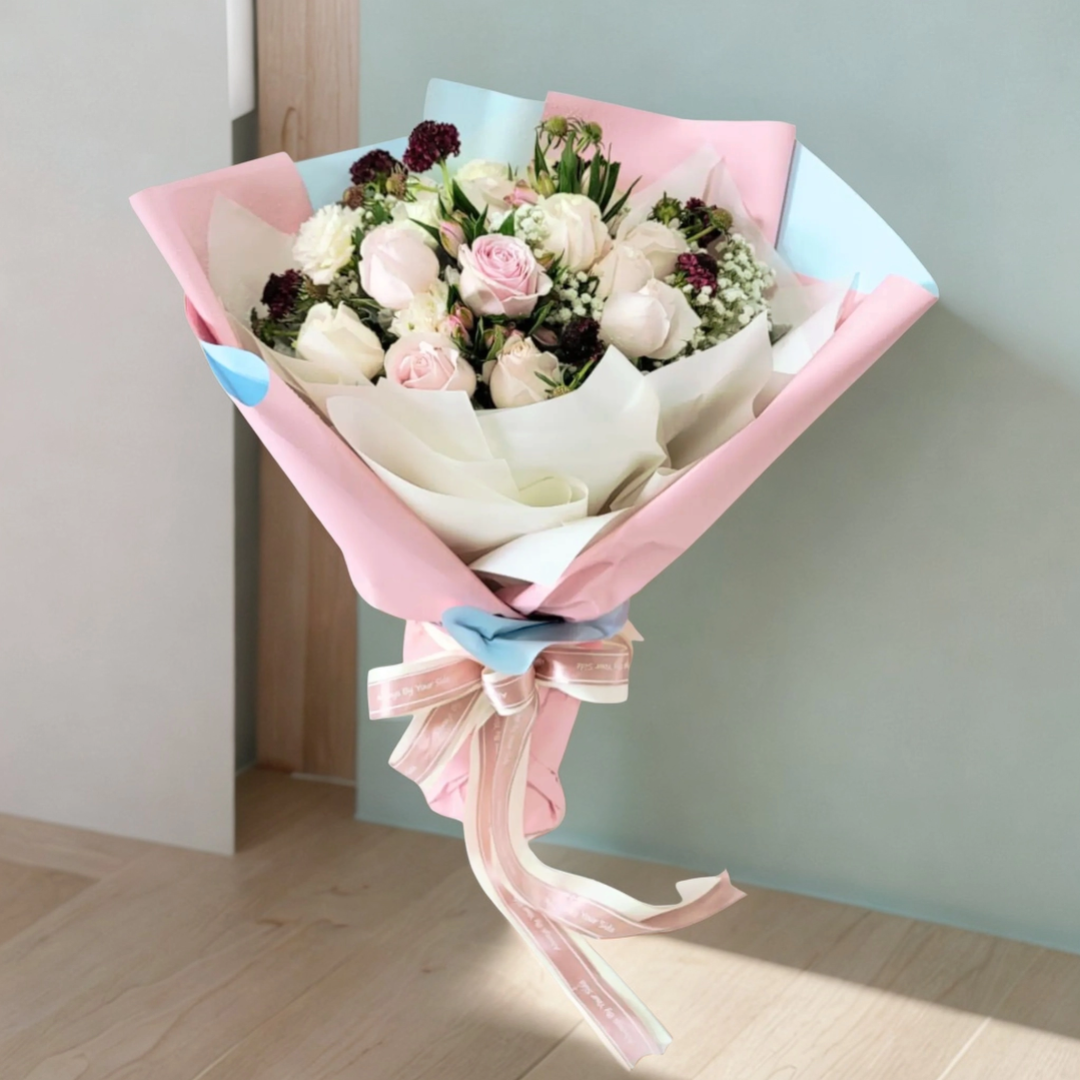 格蘭花店 - 鮮花花束 (18支粉玫瑰、滿天星及襯花) [GF00161]