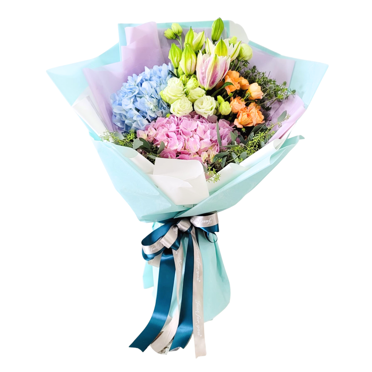 格蘭花店 - 鮮花花束 (粉紅繡球花、藍繡球花、粉白合、小玫瑰及桔梗) [GF00162]