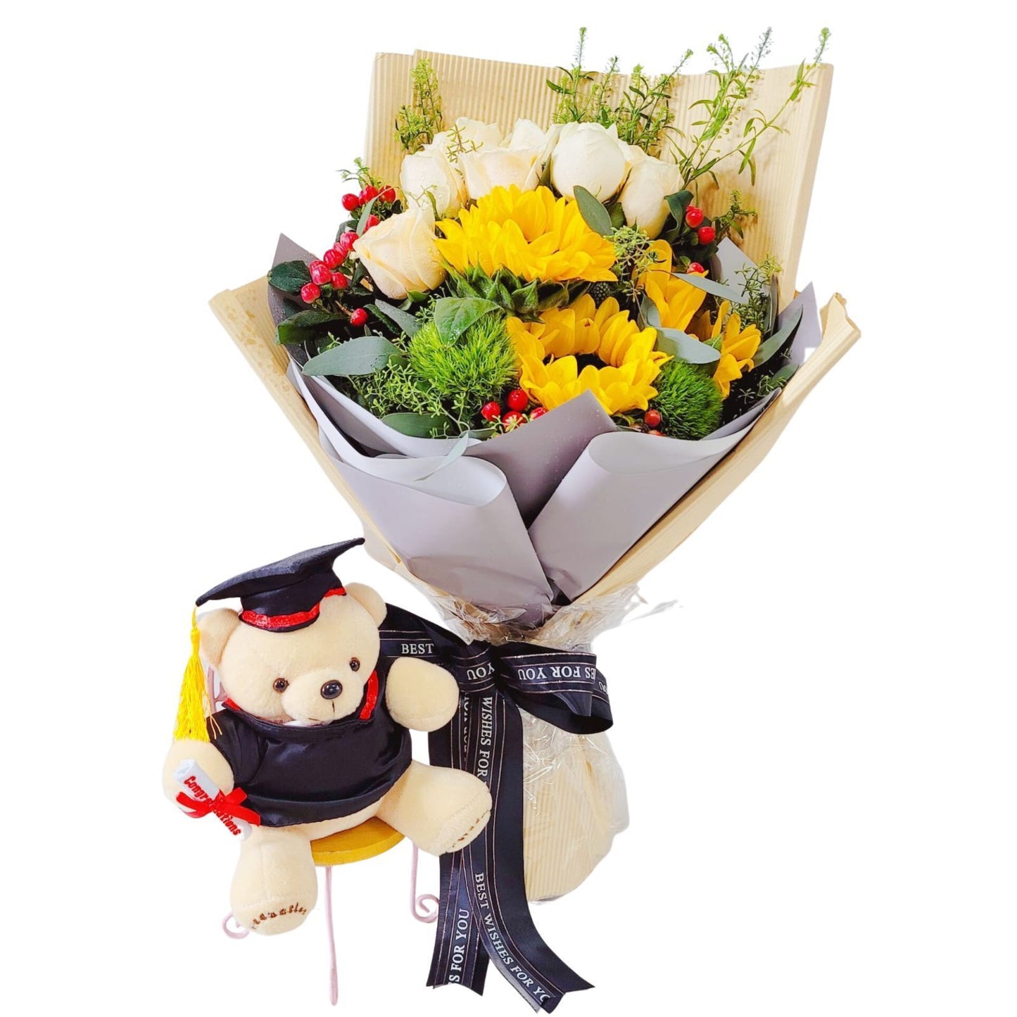 格蘭花店 - 畢業公仔鮮花花束 (向日葵、香檳玫瑰、綠毛球、紅豆、尤加利葉) [GF00176]
