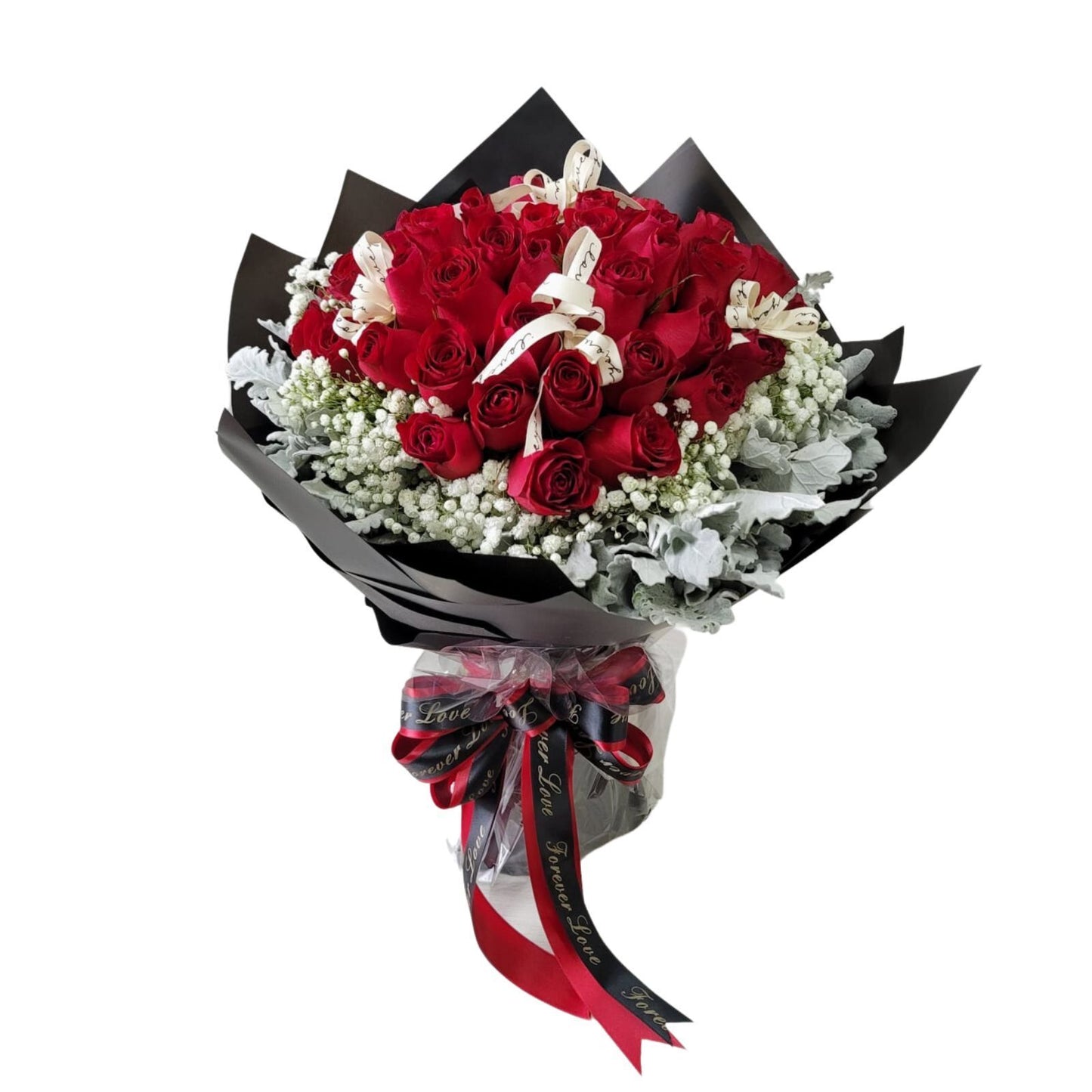 格蘭花店 - 鮮花花束 (紅玫瑰36枝、滿天星、銀葉菊) [GF00178]