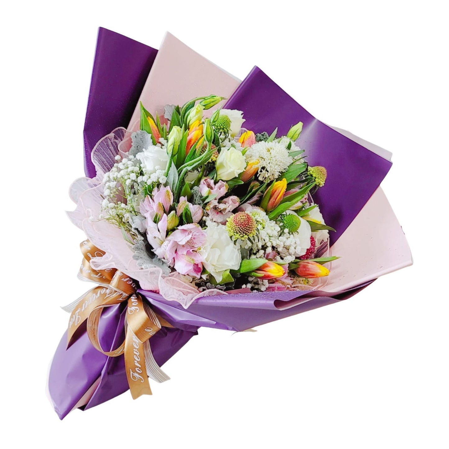 格蘭花店 - 鮮花花束 (鬱金香10枝、小白合、蟲蟲草、桔梗、滿天星、米蘭葉) [GF00179]