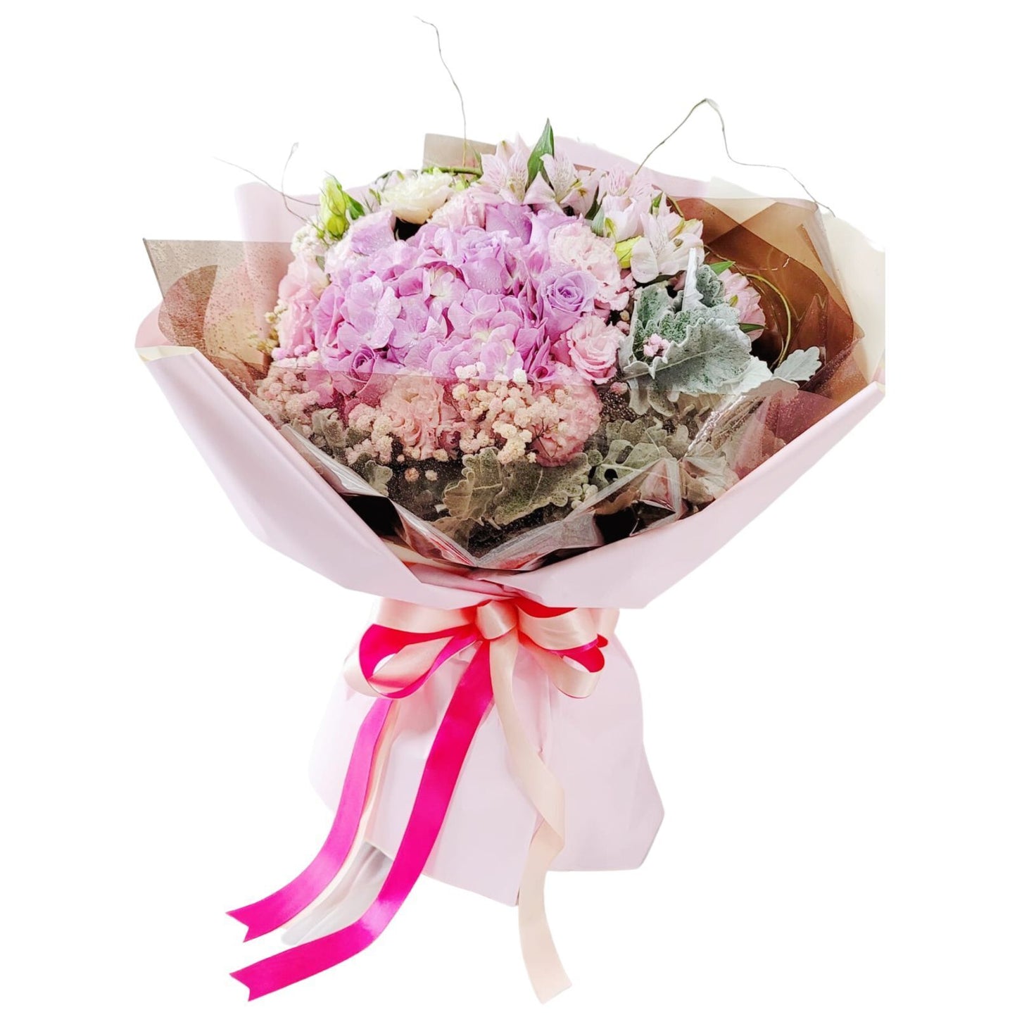 格蘭花店 - 鮮花花束 (粉色繡球花、粉玫瑰花12枝、小百合、桔梗、滿天星、銀葉菊) [GF00180]