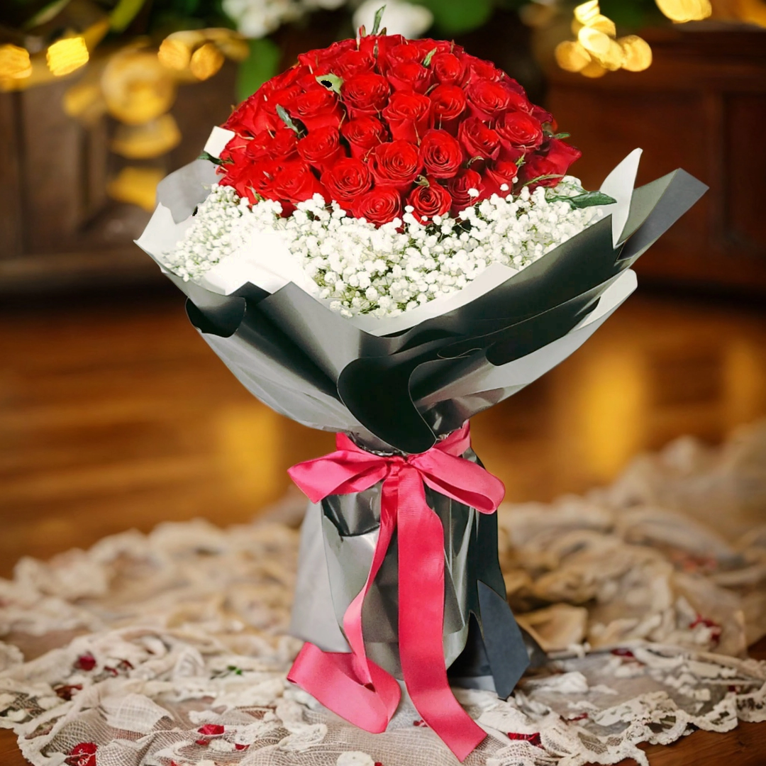 格蘭花店 - 求婚鮮花花束 (紅玫瑰99枝、滿天星) [GF00181]