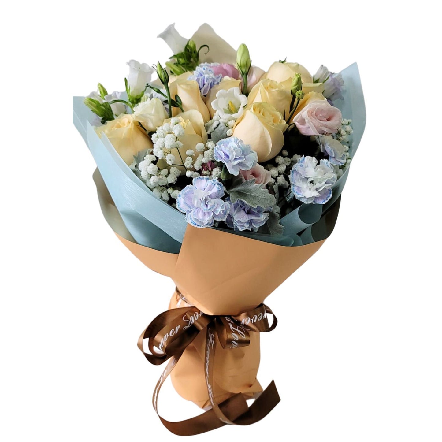 格蘭花店 - 鮮花花束 (香檳玫瑰12支、小丁香、 風鈴花、桔梗、滿天星、米蘭葉) [GF00182]