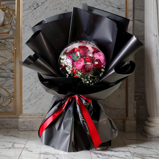 格蘭花店 - 波波花束 (紅玫瑰9枝、小牡丹、滿天星、紅豆及襯花) [GF00184]