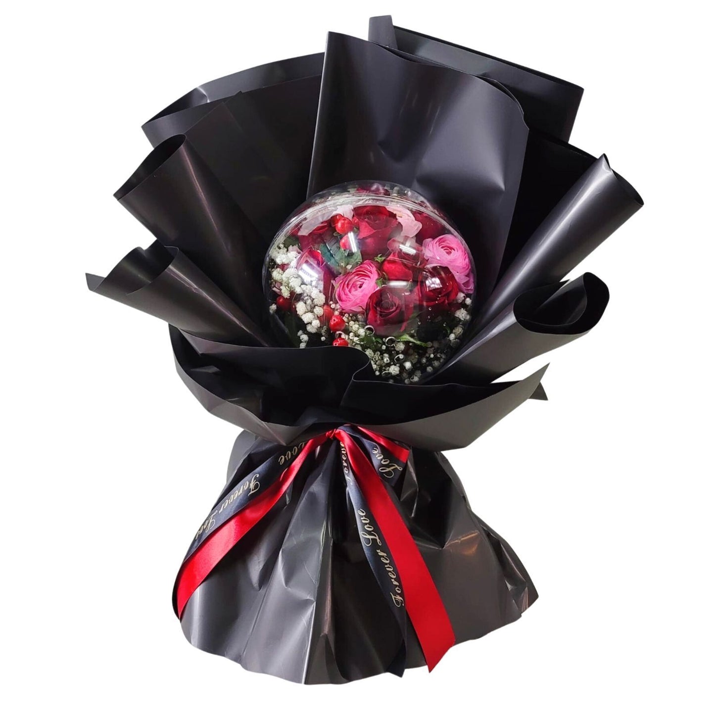 格蘭花店 - 波波花束 (紅玫瑰9枝、小牡丹、滿天星、紅豆及襯花) [GF00184]