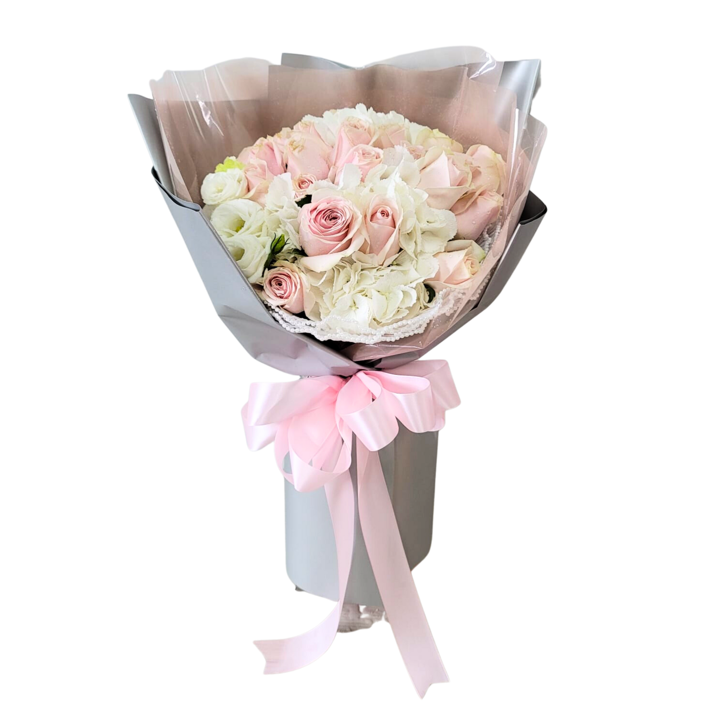 格蘭花店 - 鮮花花束 (20支雪山粉玫瑰、白色繡球花及桔梗) [GF00186]