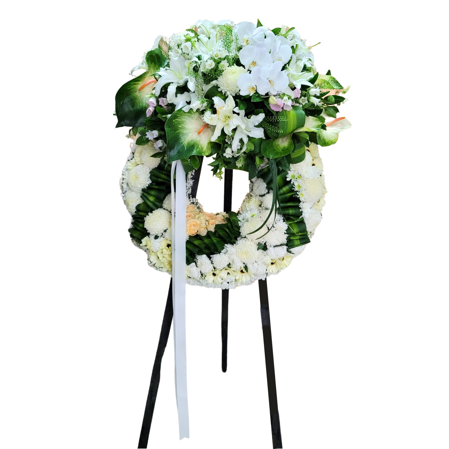 格蘭花店 - 帛事悼念花圈 (6呎) (白太陽花、香檳玫瑰、白桔梗、白百合等) [GF00187] 喪禮 殯儀 告別式 追思會