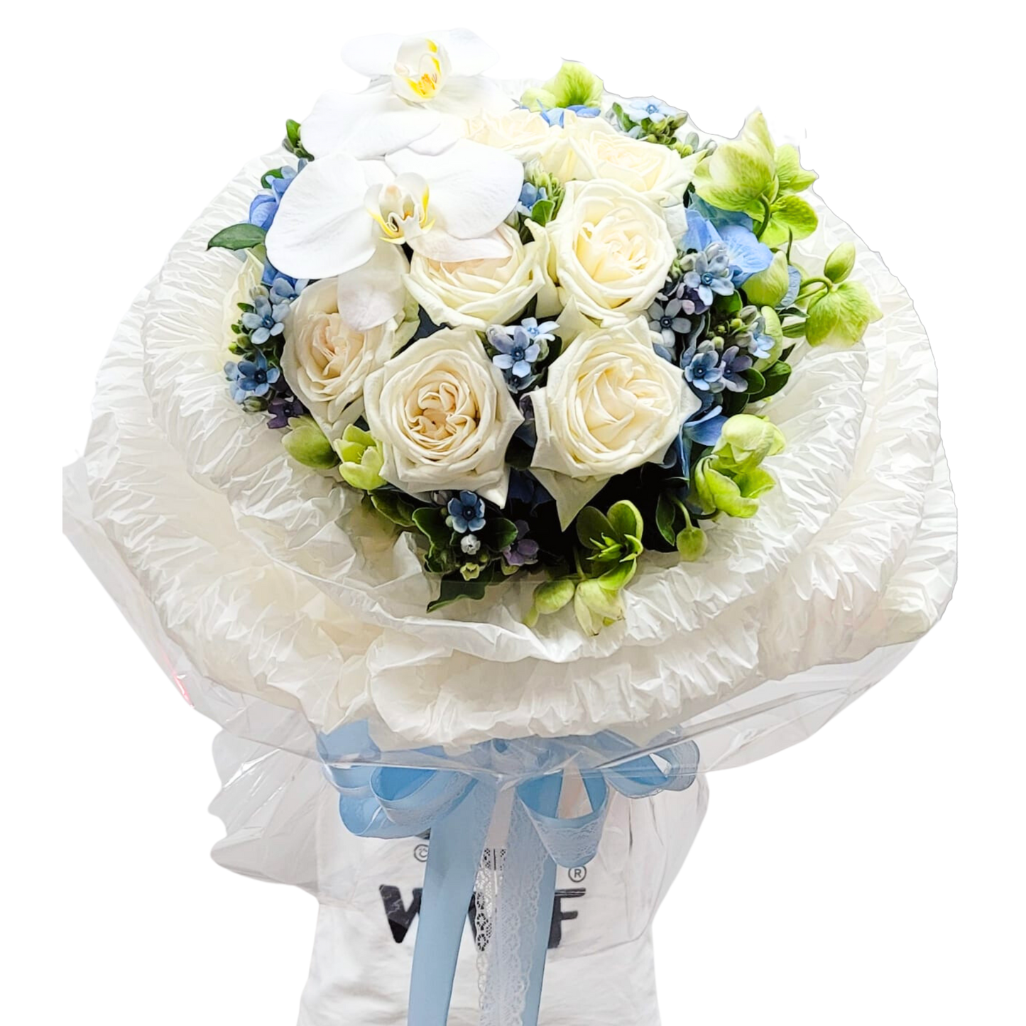 格蘭花店 - 鮮花花束 (花園玫瑰10支、藍繡球花、藍星花及聖誕玫瑰) [GF00189]