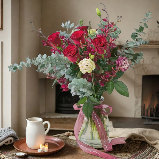 格蘭花店 - 鮮花玻璃花瓶擺設 (紅玫瑰6支、桔梗、尤加利葉、甜蘭) [GF00190]