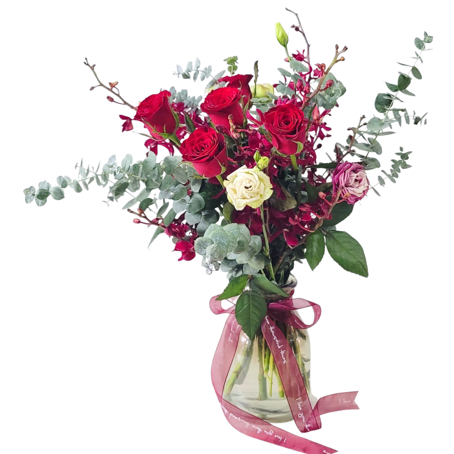 格蘭花店 - 鮮花玻璃花瓶擺設 (紅玫瑰6支、桔梗、尤加利葉、甜蘭) [GF00190]