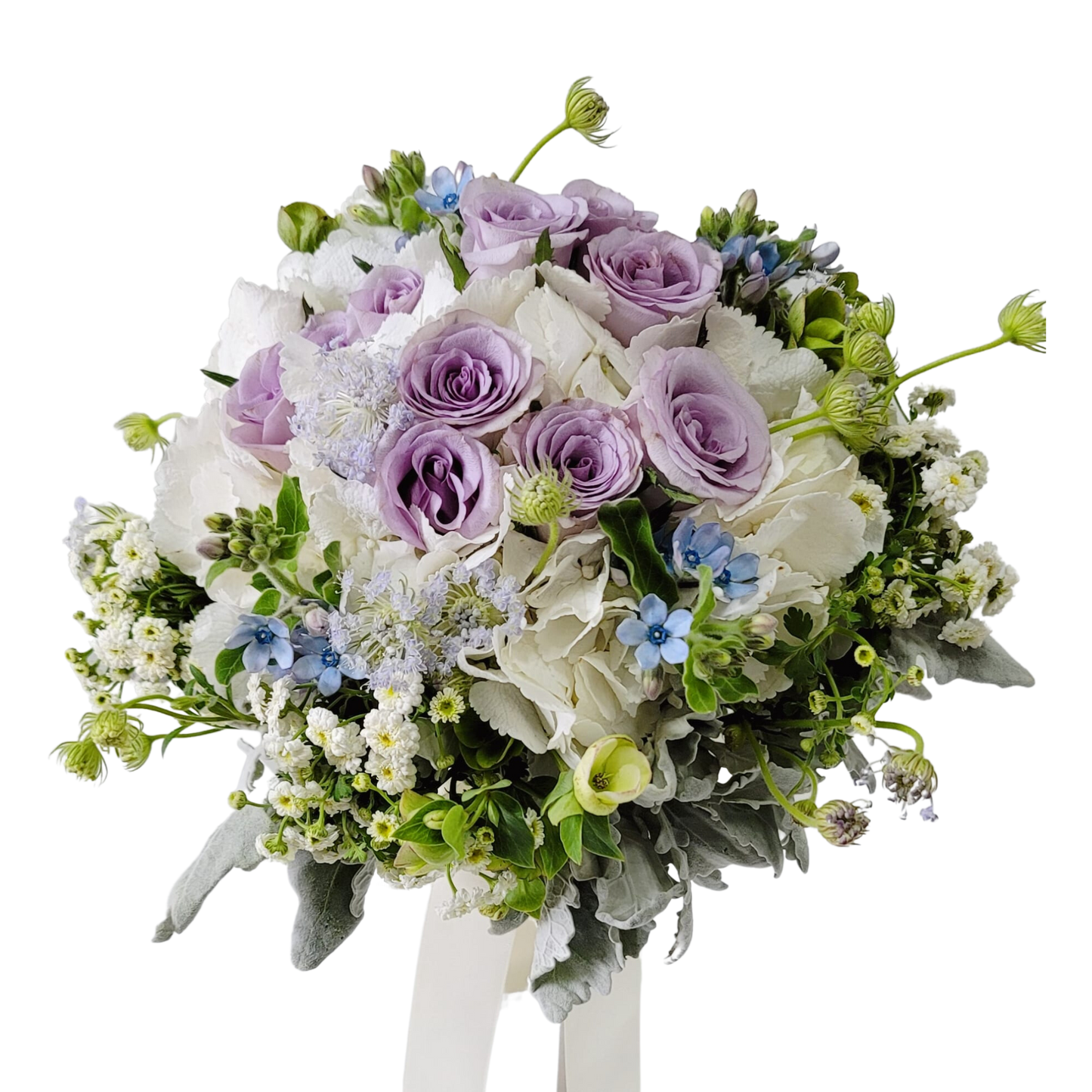 格蘭花店 - 法式結婚花球 / 新郎哥襟花花材 (紫色玫瑰花11支、白色繡球花、藍星花、聖誕玫瑰等) [GF00193]