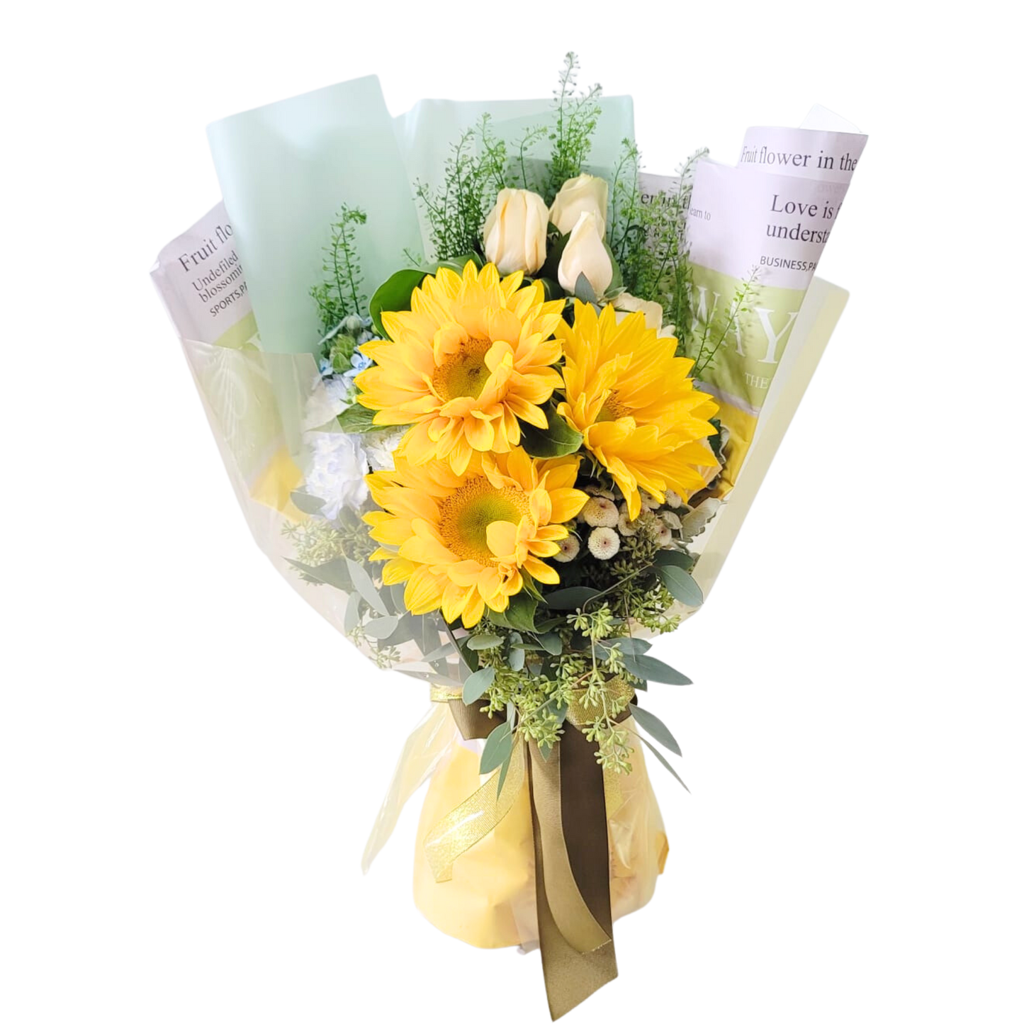 格蘭花店 - 鮮花花束 (香檳玫瑰6支、向日葵3支、BB草、桔梗及油加利果) [GF00194]