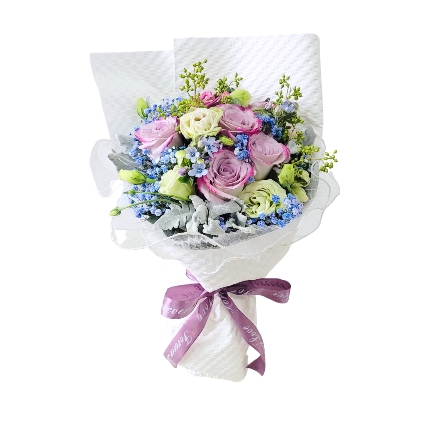 格蘭花店 - 鮮花花束 (紫色玫瑰6支、青桔梗、米娜葉、藍色滿天色及尤加利果) [GF00195]