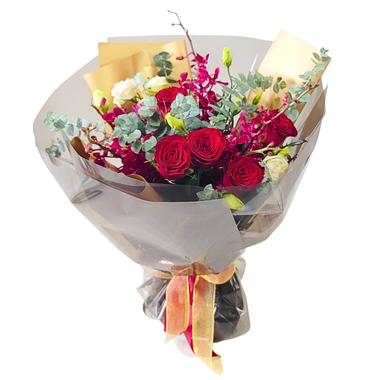 格蘭花店 - 鮮花花束 (紅玫瑰6支、甜蘭、桔梗及大油加利葉) [GF00197]