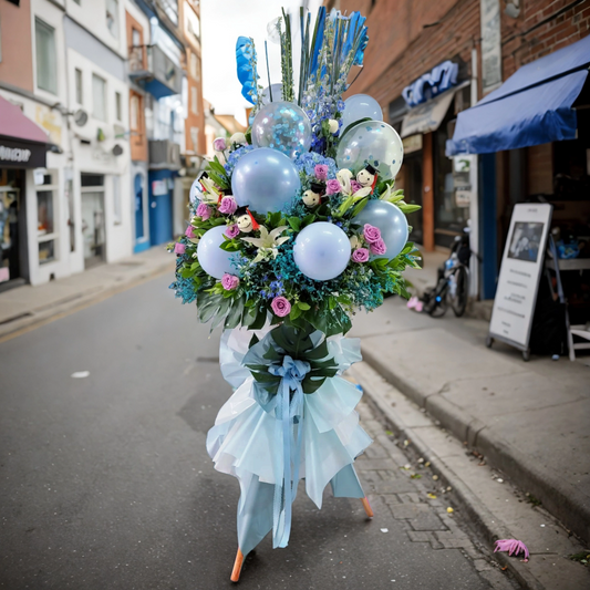 格蘭花店 - 開業慶典氣球花籃 (大飛燕草、繡球花、桔梗、滿天星、百合及玫瑰) [GF00199]