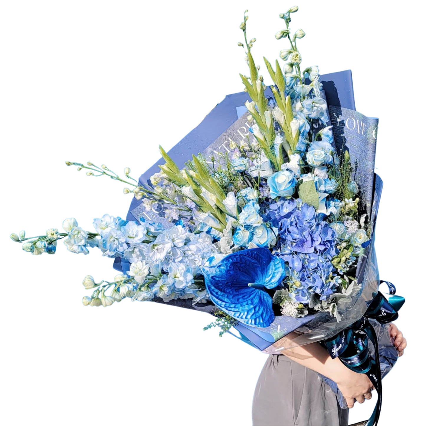 格蘭花店 - 鮮花花束 (大飛燕草、劍蘭、繡球花、玫瑰、藍色星花、BB草) [GF00202]