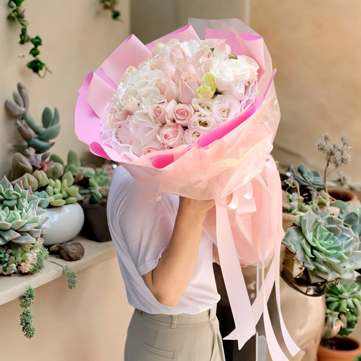 格蘭花店 - 鮮花花束 (繡球花2個、20支粉玫瑰、桔梗) [GF00203]