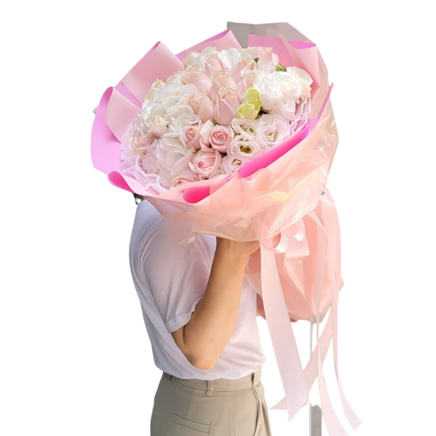 格蘭花店 - 鮮花花束 (繡球花2個、20支粉玫瑰、桔梗) [GF00203]