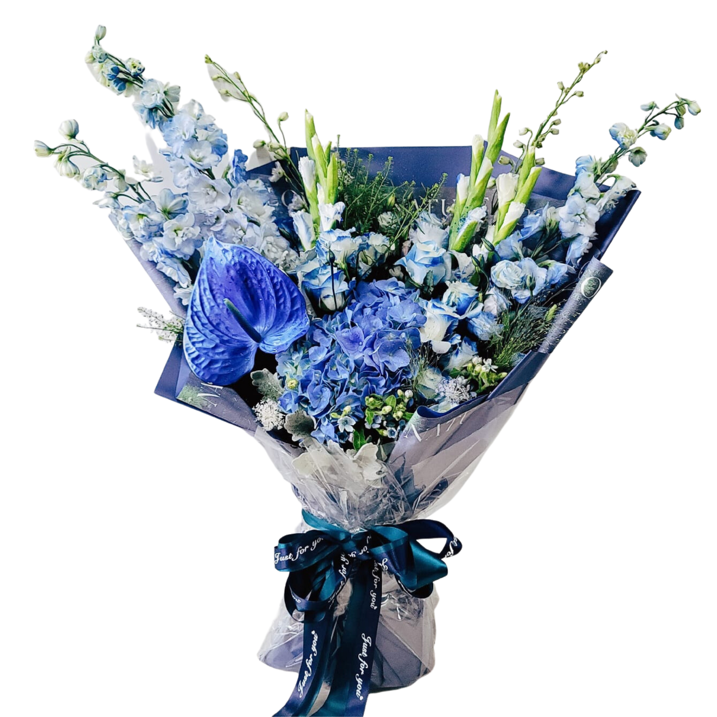 格蘭花店 - 鮮花花束 (大飛燕草3枝、繡球花1個、劍蘭3枝、玫瑰6枝及其襯花) [GF00210]