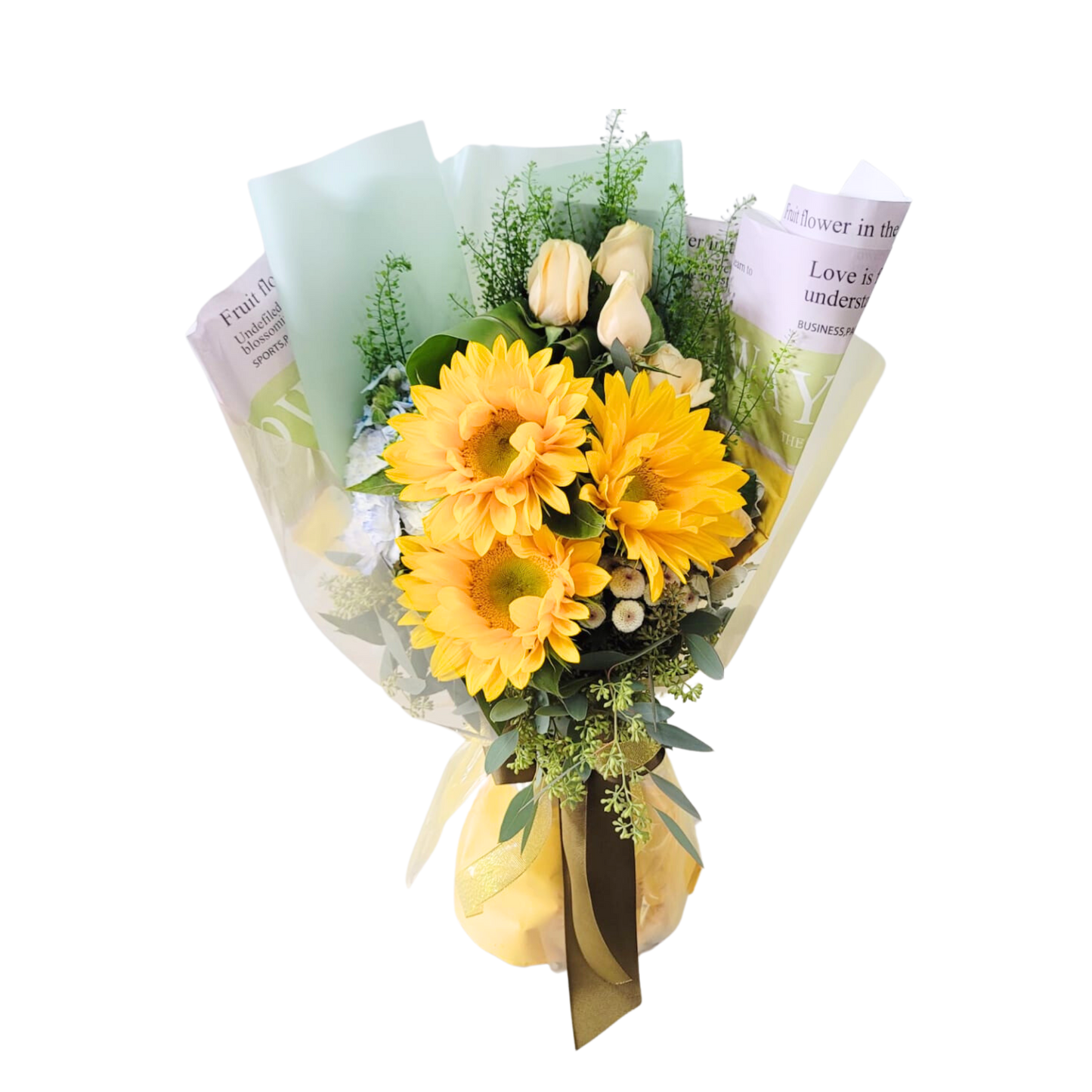 格蘭花店 - 鮮花花束 (向日葵、香檳玫瑰、BB草、鈕扣菊、桔梗及米蘭葉) [GF00214]