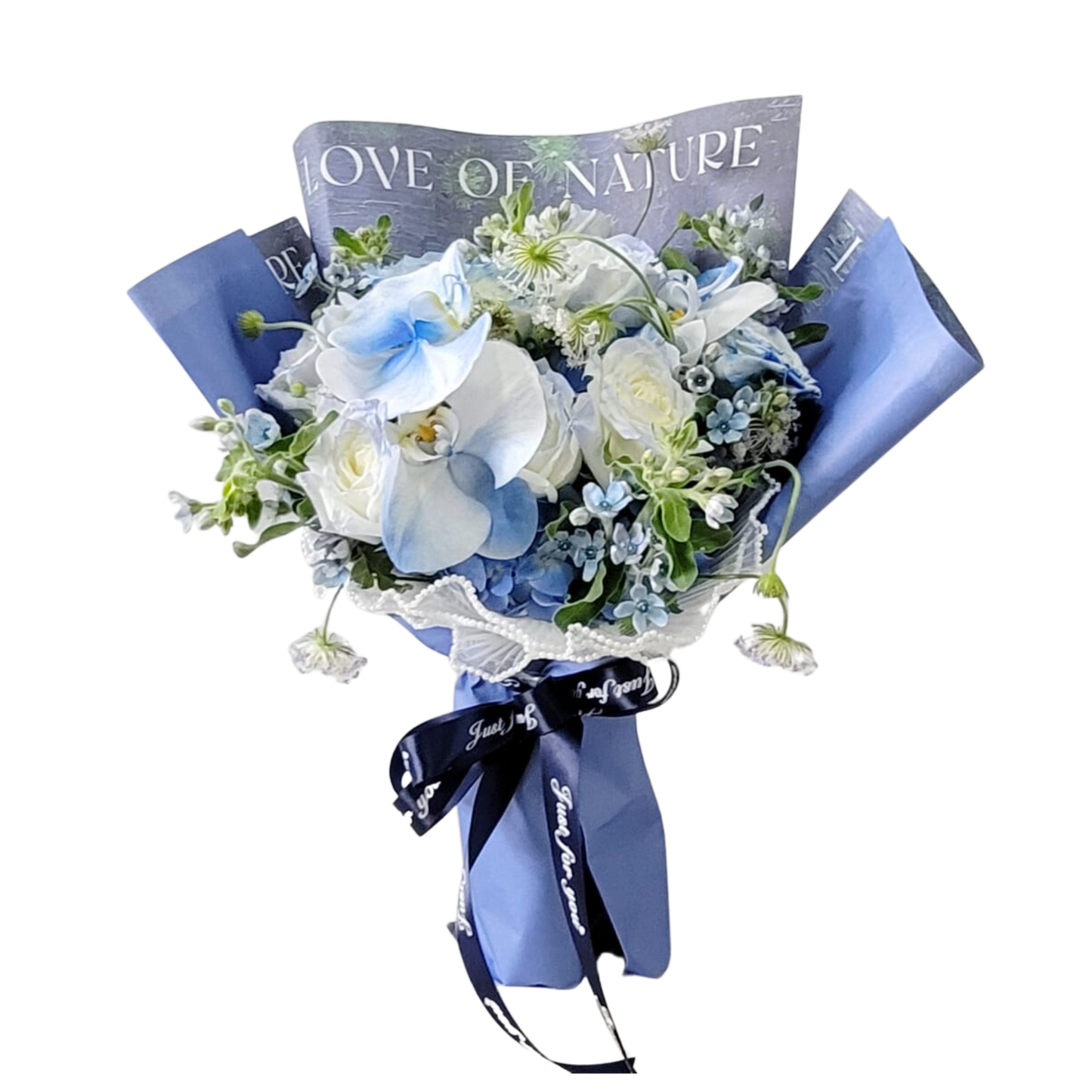 格蘭花店 - 鮮花花束 (藍玫瑰11支、藍色蝴蝶蘭、蟲蟲草、藍星花及米娜葉) [GF00219]