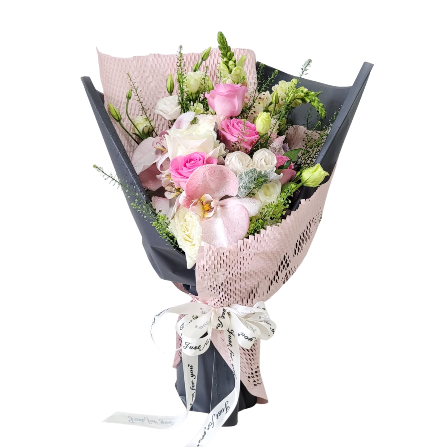 格蘭花店 - 鮮花花束 (粉玫瑰9支、蝴蝶蘭、桔梗、BB草、米娜葉及小百合) [GF00220]