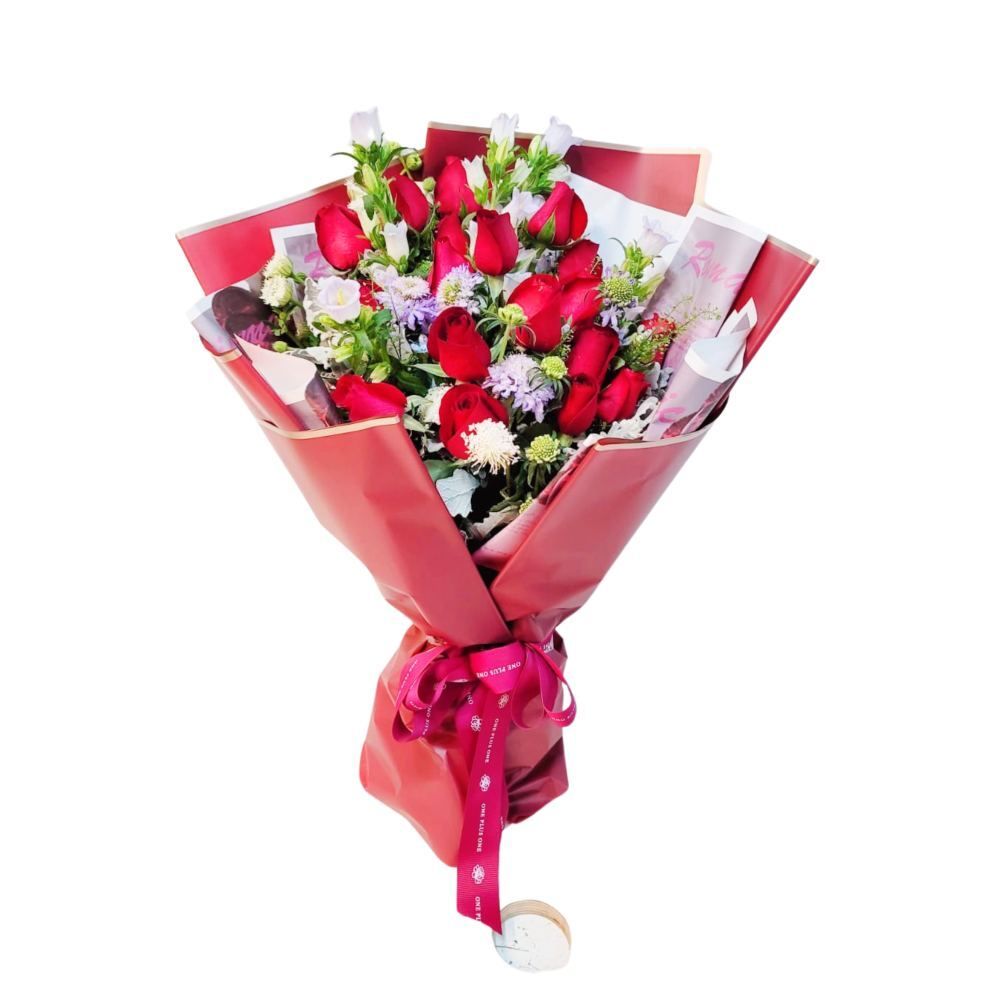 格蘭花店 - 鮮花花束 (紅玫瑰20支、風鈴、蟲蟲草、BB草、尤加利葉) [GF00244]