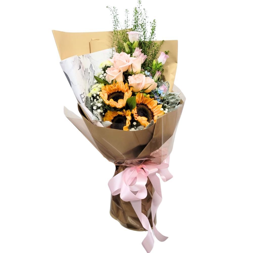 格蘭花店 - 鮮花花束 (粉玫瑰6支、向日葵、風鈴草、BB草、藍星花、滿天星) [GF00245]