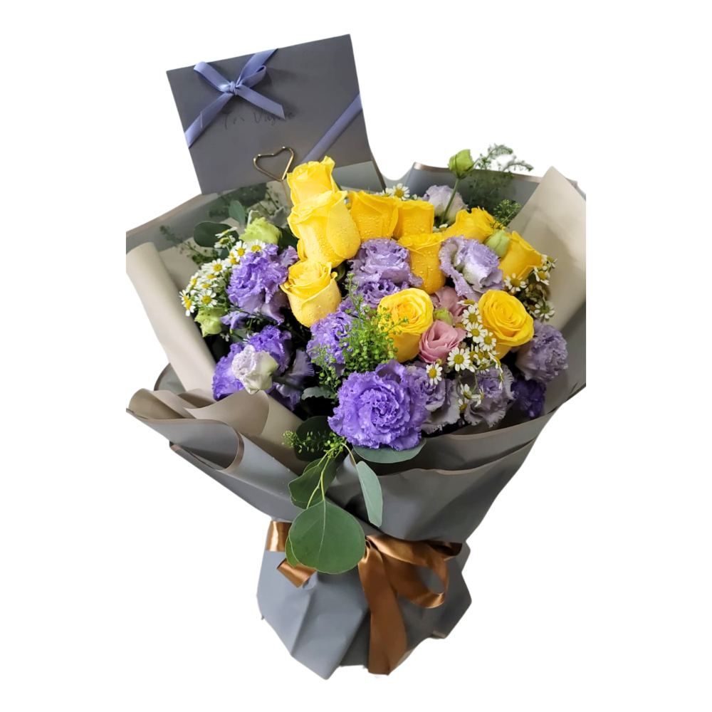 格蘭花店 - 鮮花花束 (黃玫瑰12支、桔梗、BB草、洋甘菊、米娜葉) [GF00250]