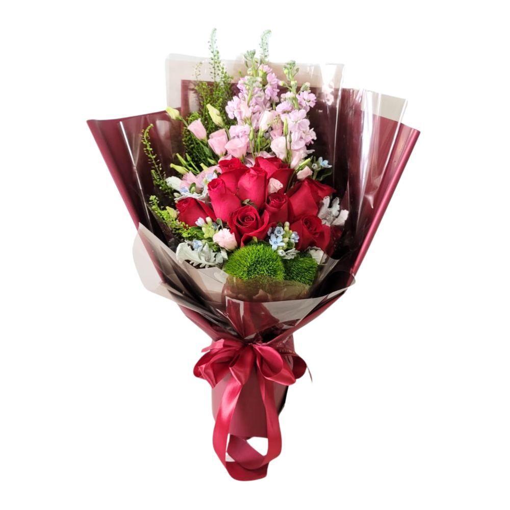 格蘭花店 - 鮮花花束 (紅玫瑰12支、麝香、桔梗、BB草、綠毛球) [GF00253]