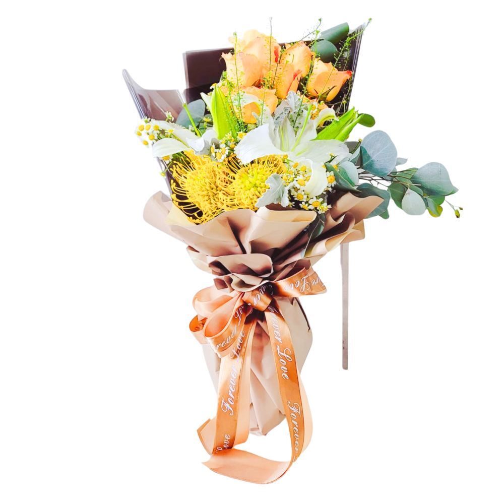 格蘭花店 - 鮮花花束 (黃玫瑰9支、白百合3支、煙花菊、BB草、尤加利葉) [GF00257]