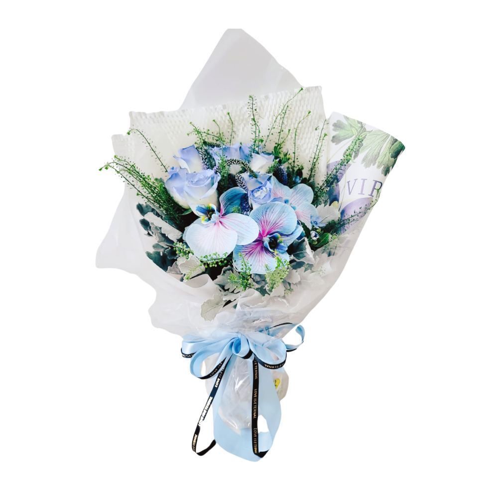 格蘭花店 - 鮮花花束 (藍玫瑰6支、藍色蝴蝶蘭、BB草、藍星花) [GF00258]