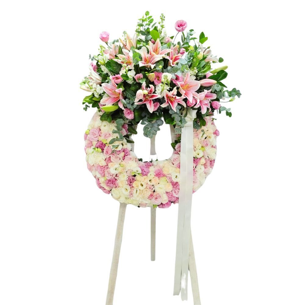 格蘭花店 - 帛事悼念花圈 (約6呎) (白麝香、粉百合、桔梗、尤加利、白玫瑰、粉玫瑰) [GF00274] 喪禮 殯儀 告別式 追思會