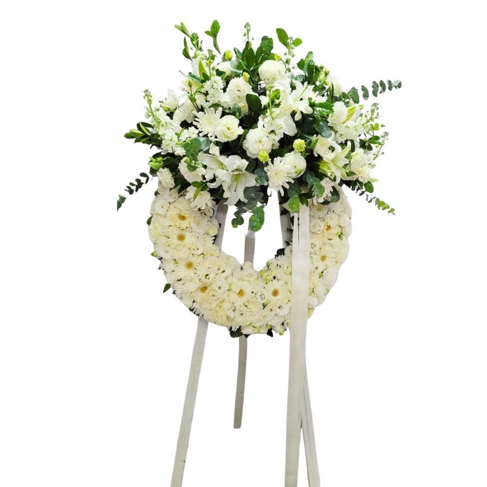格蘭花店 - 帛事悼念花圈 (約6呎) (白百合、單頭大菊、白桔梗、白太陽花、小菊仔) [GF00275] 喪禮 殯儀 告別式 追思會
