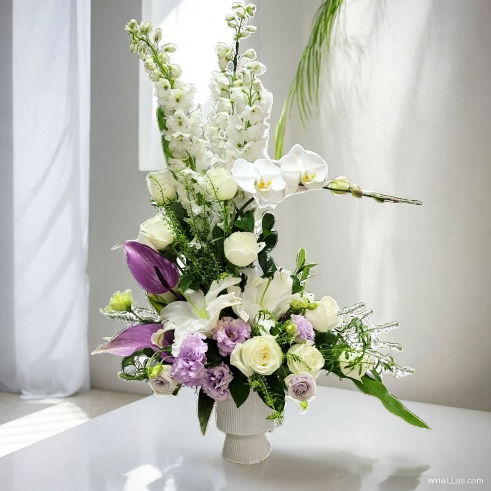 格蘭花店 - 帛事悼念花盆 (大飛燕、蝴蝶蘭、白百合、玫瑰、桔梗) [GF00277]