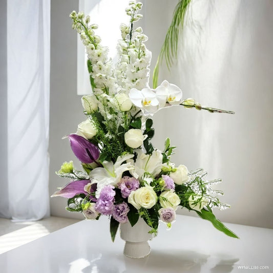 格蘭花店 - 帛事悼念花盆 (大飛燕、蝴蝶蘭、白百合、玫瑰、桔梗) [GF00277]