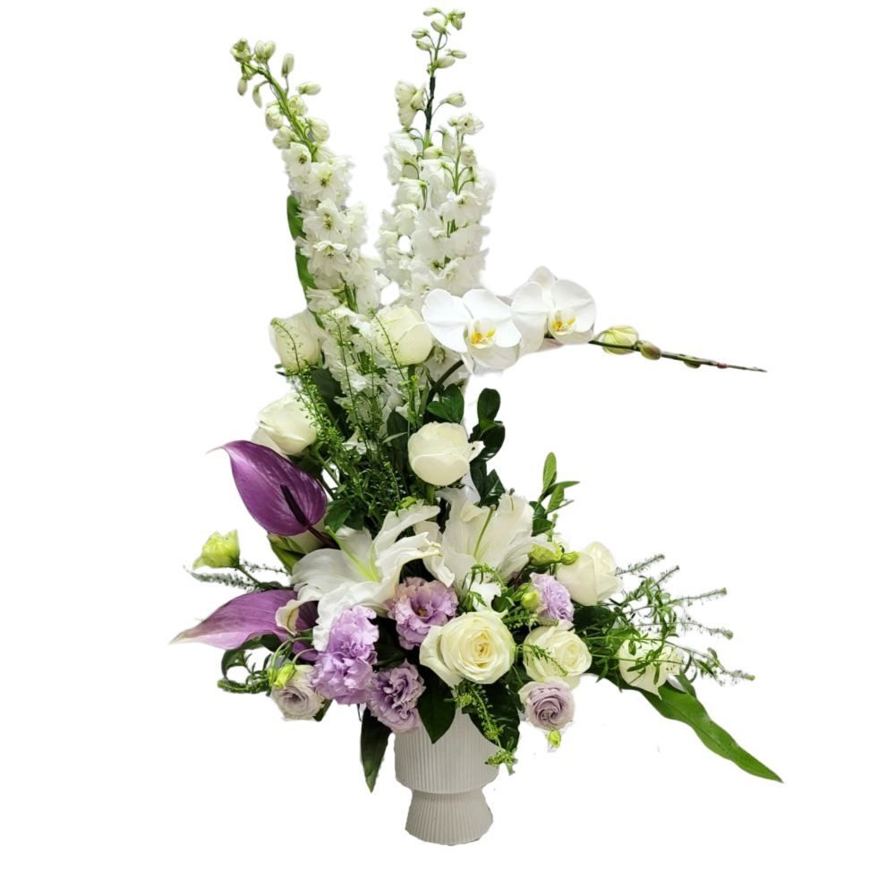 格蘭花店 - 帛事悼念花盆 (大飛燕、蝴蝶蘭、白百合、玫瑰、桔梗) [GF00277]