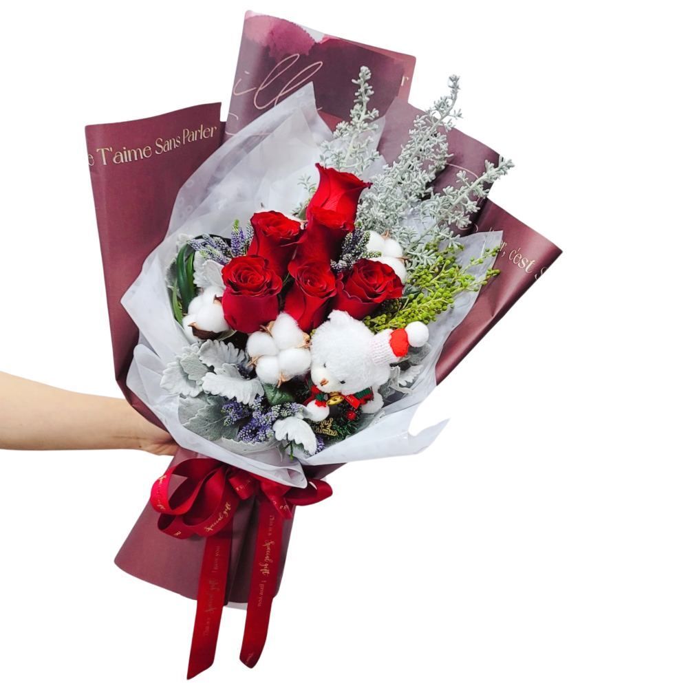 格蘭花店 - 鮮花花束 (紅玫瑰6支、棉花、公仔、米娜葉、雪花叢、小足球) [GF00286]