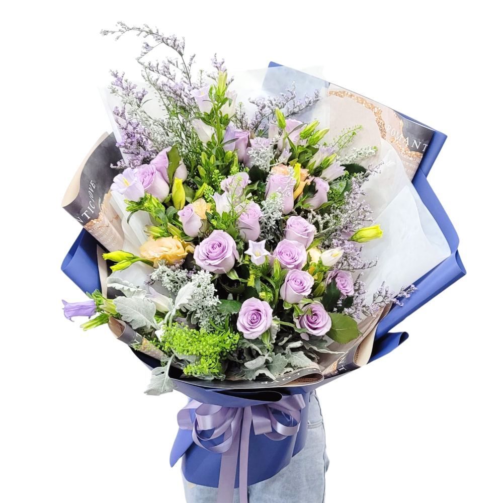 格蘭花店 - 鮮花花束 (紫玫瑰18支、BB草、彩星、米娜葉、風鈴、桔梗) [GF00287]