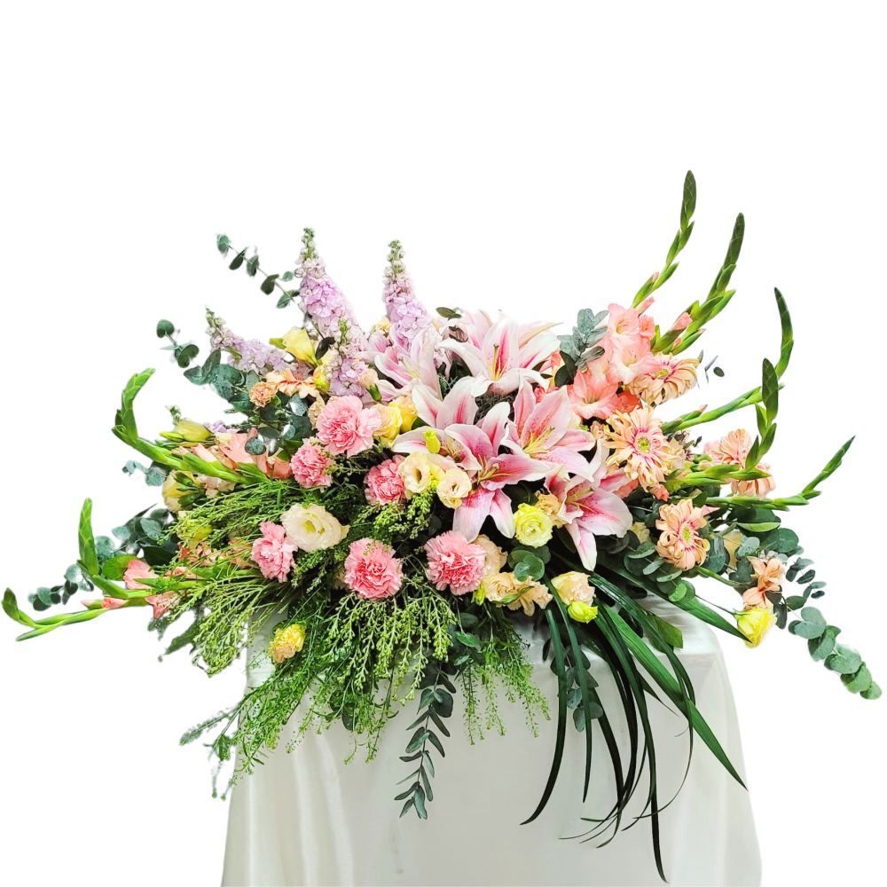格蘭花店 - 棺面花 冕花 (粉百合、劍蘭、麝香、康乃馨、小足球、太陽花、尤加利、春蘭葉) [GF00288]