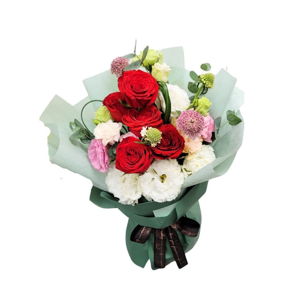 格蘭花店 - 鮮花花束 (紅玫瑰6支、蟲蟲草、桔梗、尤加利) [GF00293]