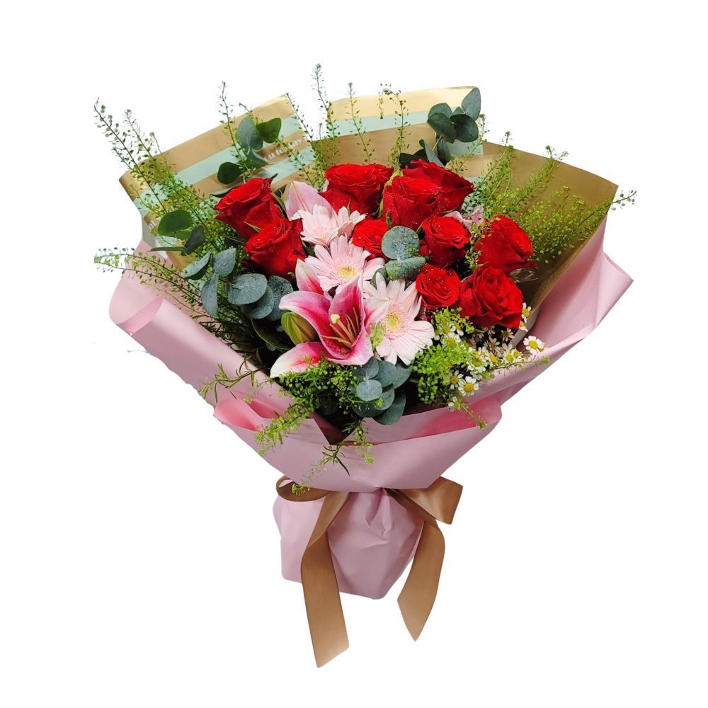 格蘭花店 - 鮮花花束 (紅玫瑰11支、粉百合、太陽菊、尤加利) [GF00294]