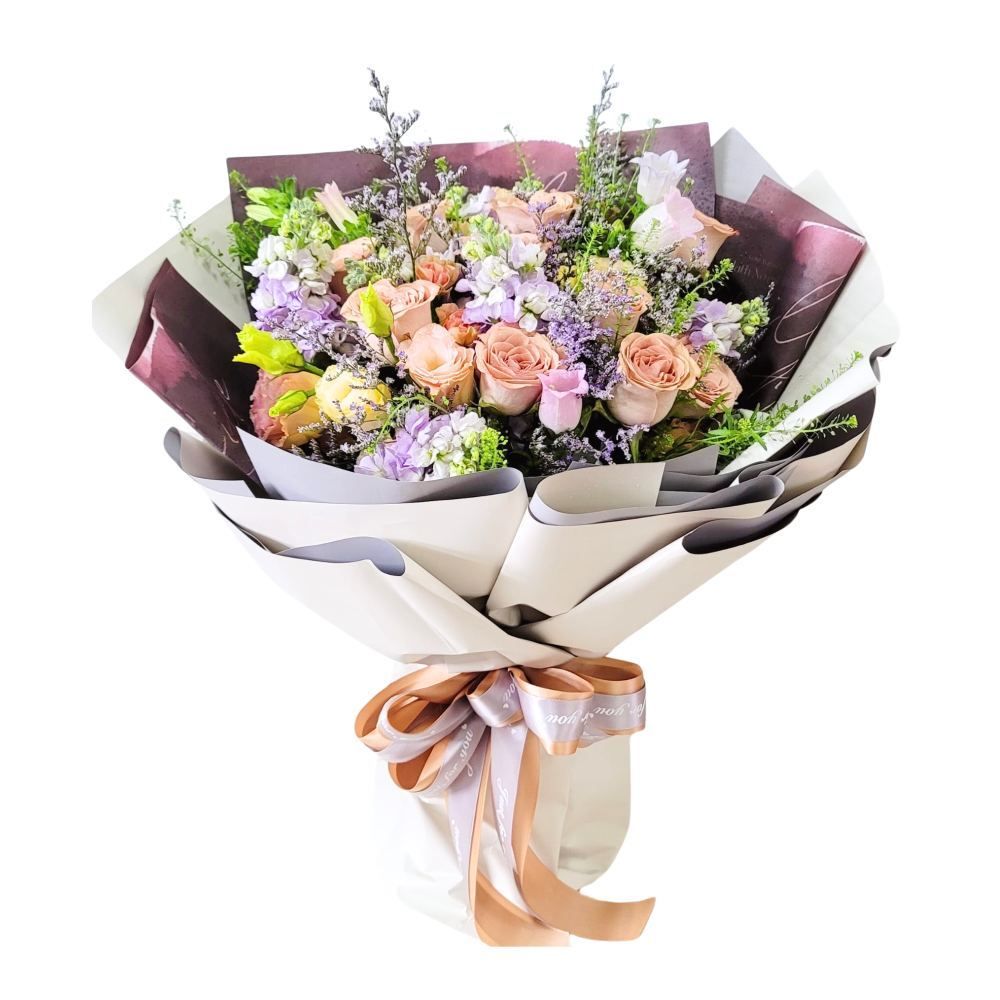 格蘭花店 - 鮮花花束 (朱古力玫瑰11支、麝香、BB草、桔梗、風鈴、米娜葉、小丁香) [GF00297]