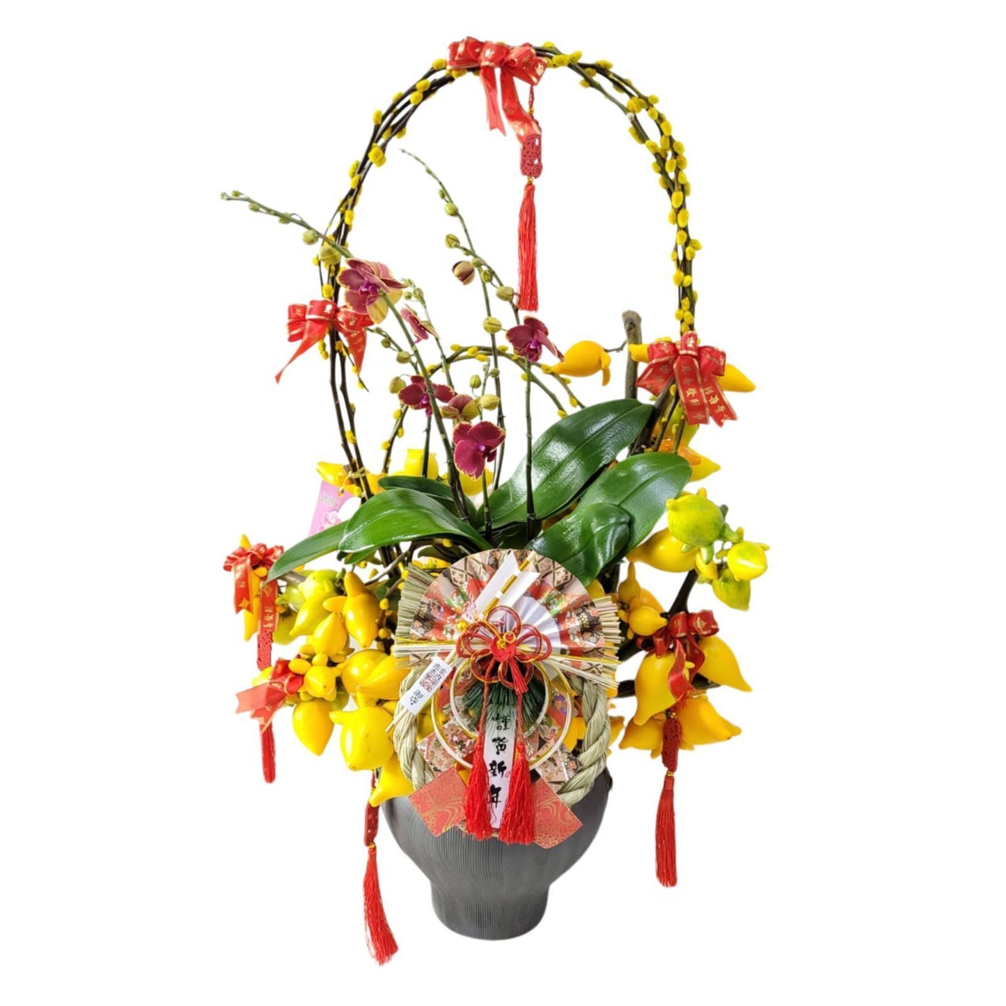格蘭花店 - 財源廣進 五代果及小品蝴蝶蘭配上日本賀年裝飾 [GF00315] 蘭花 辦公室枱花 大堂枱花 開張 新春蘭花 年花 自家蘭花園種植